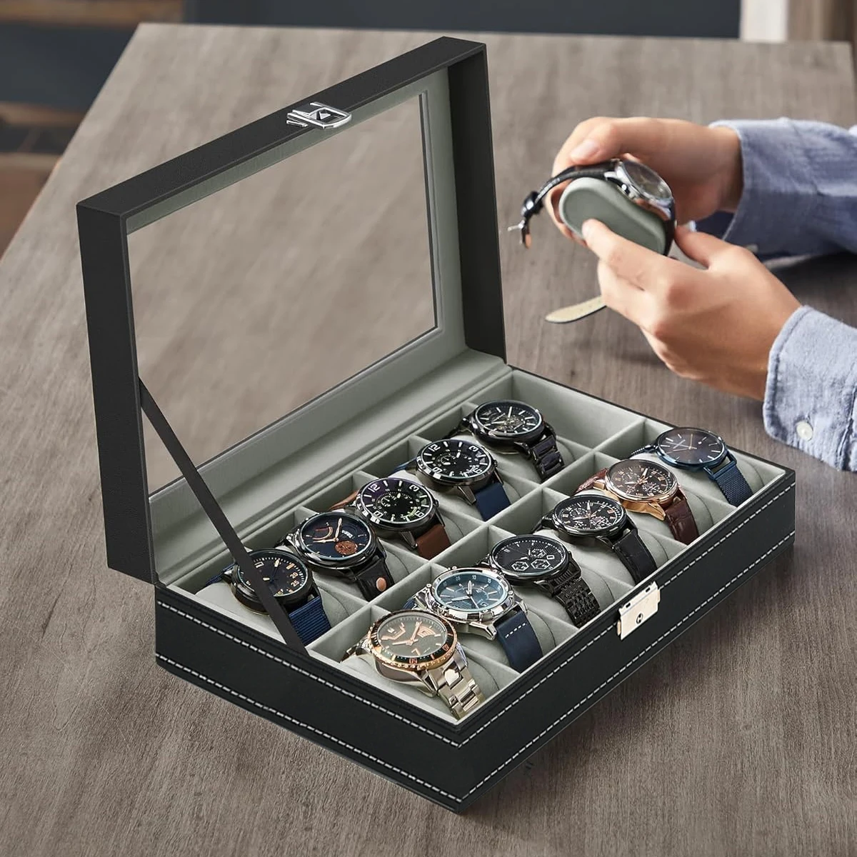 Watch Display Case Glass Top 12 Slots - PU 가죽 시계 상자 2/3/4/5/6/8/10/12 슬롯