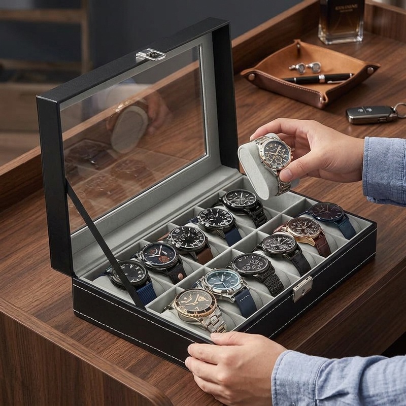 Watch Display Case Glass Top 12 Slots - 2/3/4/5/6/8/10/12개의 시계를 수납할 수 있는 PU
