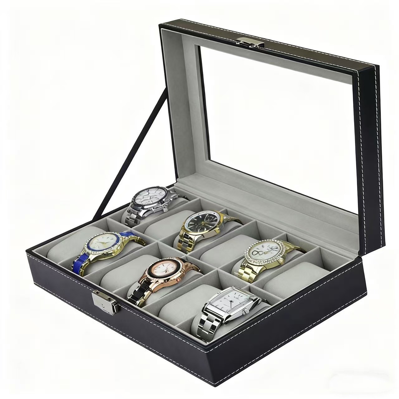 Watch Display Case Glass Top 12 Slots - PU 가죽 시계 보관함 6/10/12 슬롯