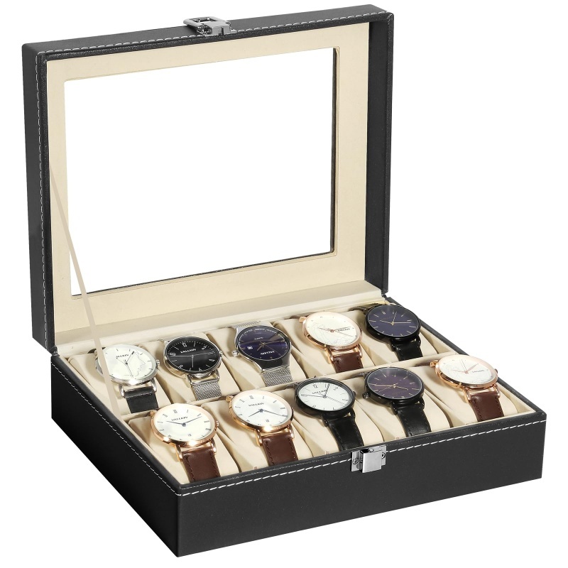 Watch Display Case Glass Top 12 Slots - 2/3/6/10/12 슬롯 PU 가죽 시계 상자