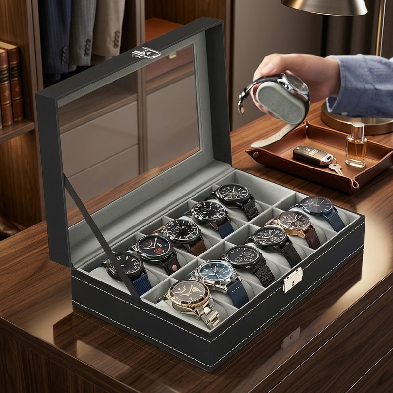 Watch Display Case Glass Top 12 Slots - 2/3/4/5/6/8/10/12개 수납 가능한 PU 가죽 시계