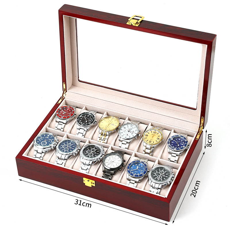 Watch Display Case Glass Top 12 Slots - 목재 정리함 피아노 시계 상자, 빨간색