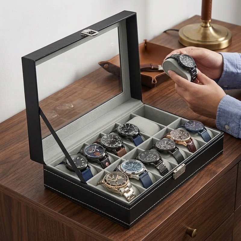 PU 가죽 시계 보관함, 2/3/4/5/6/8/10/1 - Watch Display Case Glass Top 12 Slots 리뷰 및 가격