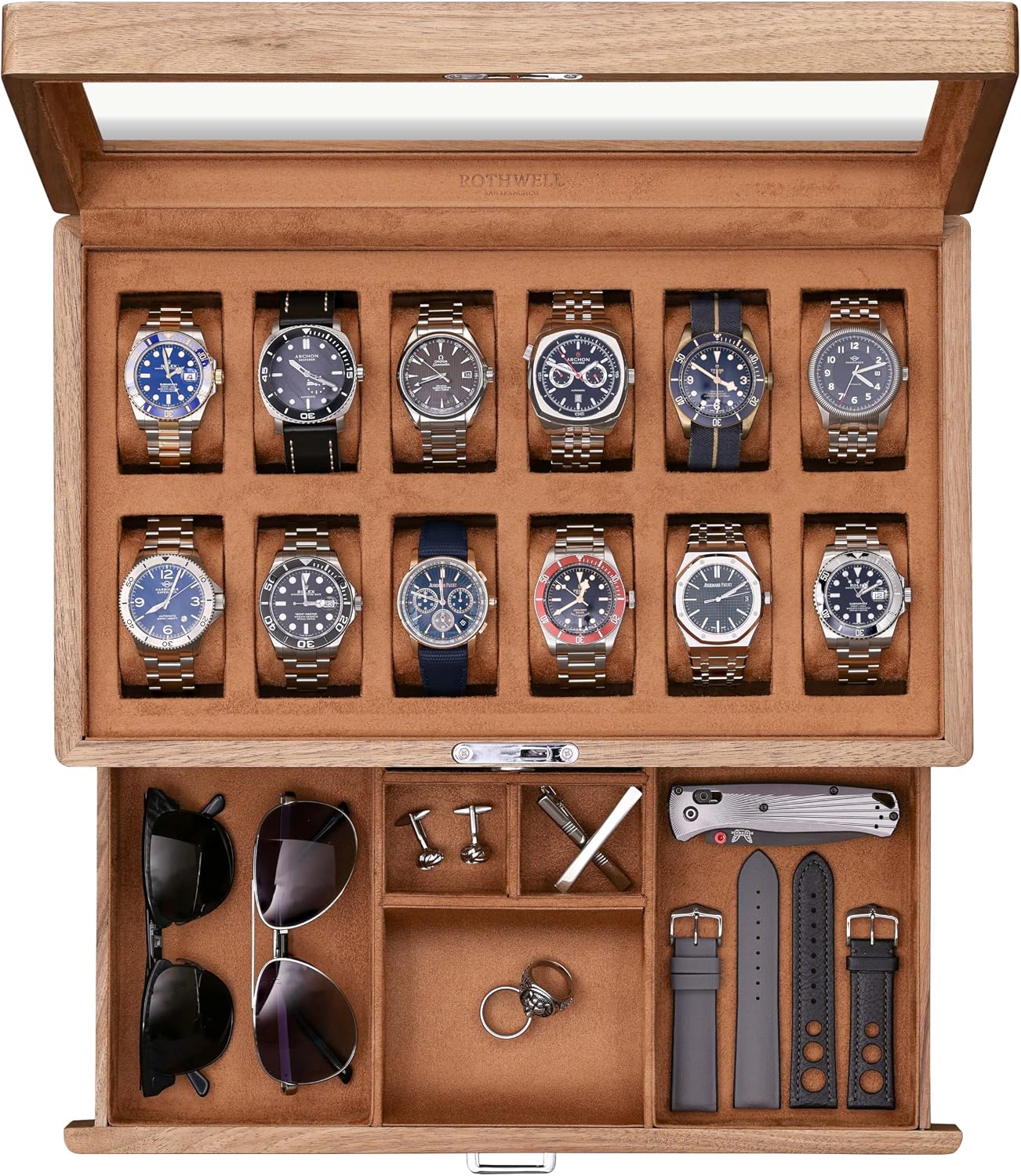 12슬롯 원목 호두나무 시계 보관함(발렛 서랍 포함)  - Watch Display Case Glass Top 12 Slots 리뷰 및 가격