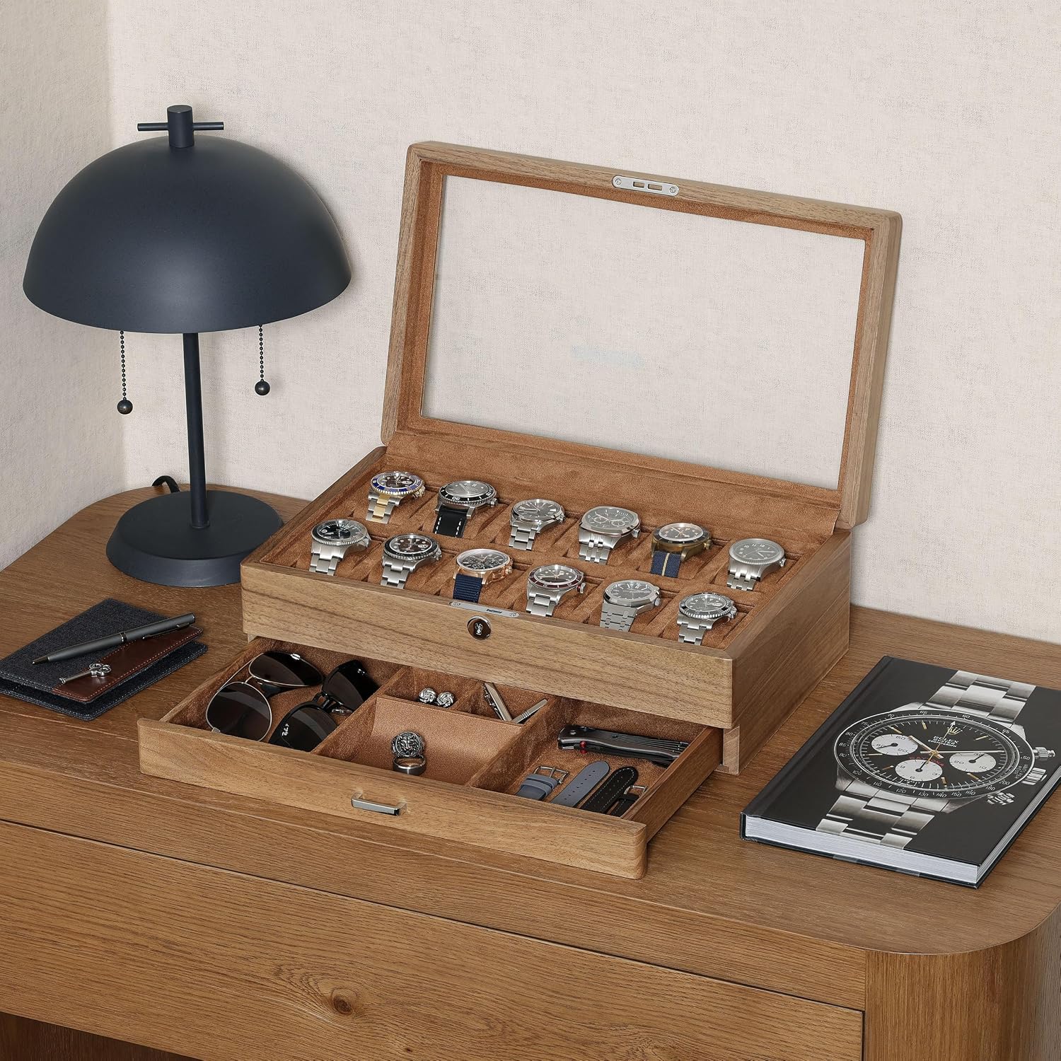 12슬롯 원목 호두나무 시계 보관함(발렛 서랍 포함)  - Watch Display Case Glass Top 12 Slots 리뷰 및 가격