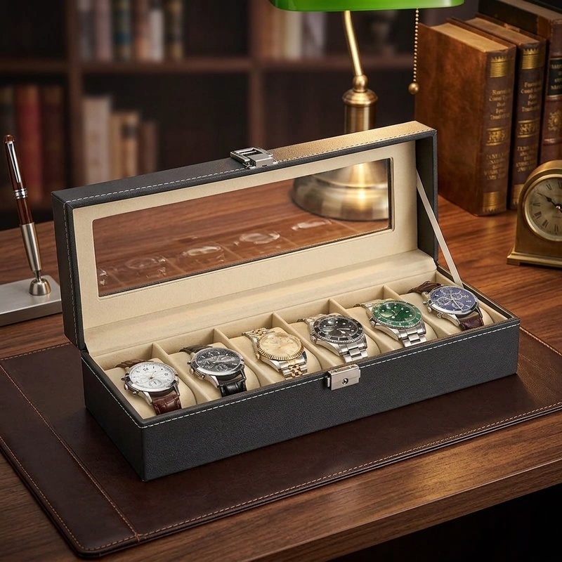 유리 덮개가 있는 PU 가죽 시계 보관함, 남성용 6/ - Watch Display Case Glass Top 12 Slots 리뷰 및 가격