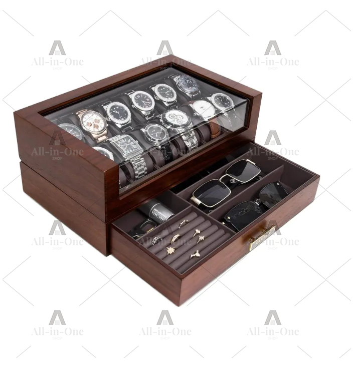 유리 뚜껑이 있는 12슬롯 나무 시계 보관함, 남녀공용 - Watch Display Case Glass Top 12 Slots 리뷰 및 가격